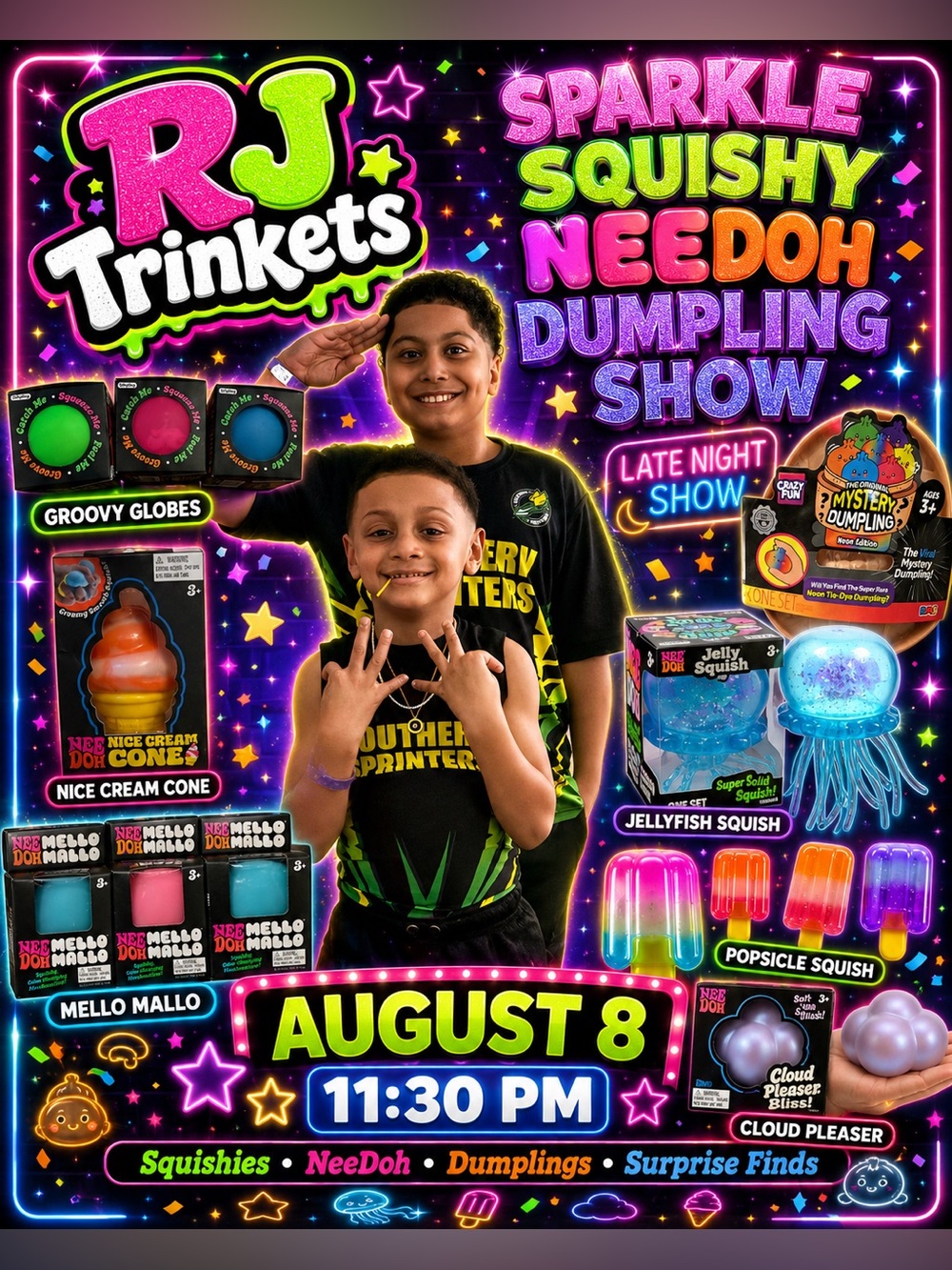 RJ Trinkets Sparkle Squishy Needoh Dumpling Show - every Saturday night